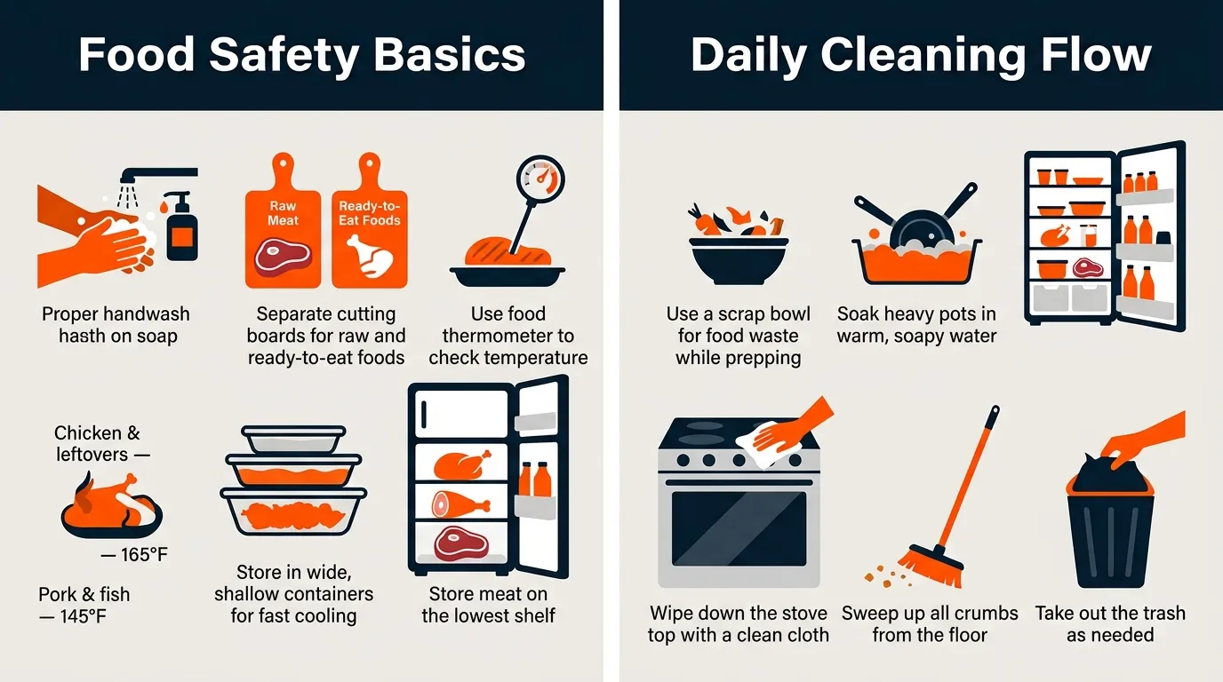 Clean beginner kitchen with separate food preparation areas, handwashing supplies, thermometer, and safe cleanup tools