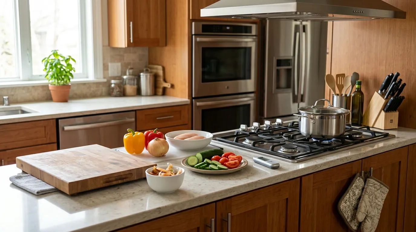 Organized beginner kitchen with separate raw and hot zones, stable cutting board, food thermometer, dry oven mitts, and safe tool storage