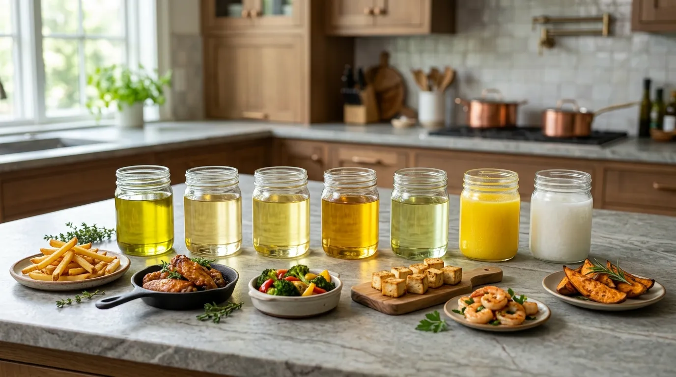 Air fryer foods paired with different cooking oils including fries, chicken wings, vegetables, fish, shrimp, and tofu