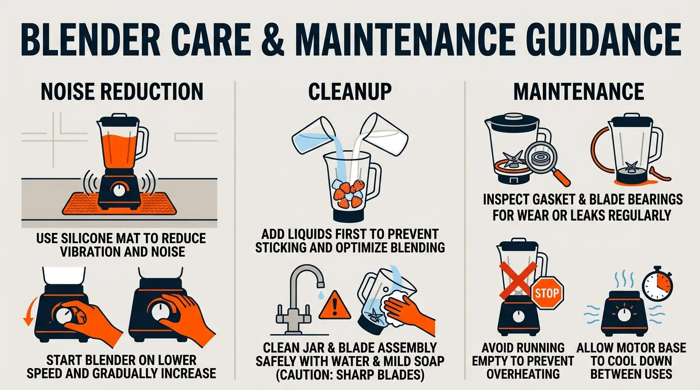 Blender maintenance checklist covering noise reduction, cleaning, gasket inspection, dry running, and motor cooling