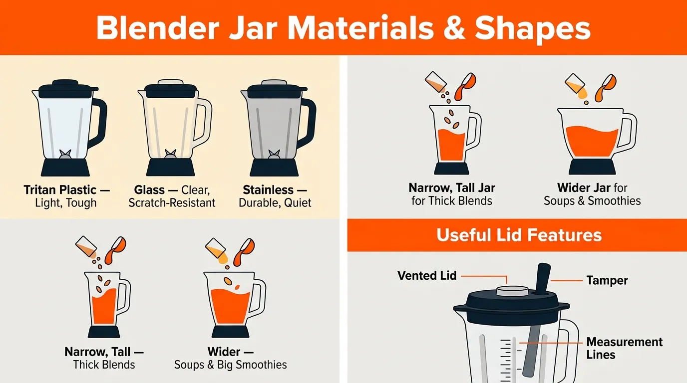 Blender jar material and shape comparison showing Tritan, glass, stainless steel, and vented lid features