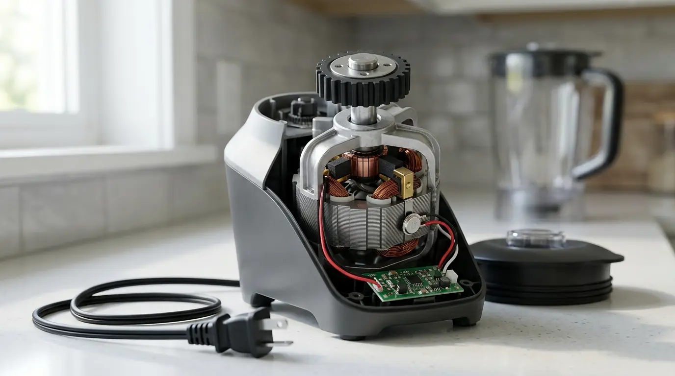 Unplugged blender opened for inspection of the drive coupling, motor brushes, blade shaft, and electrical components
