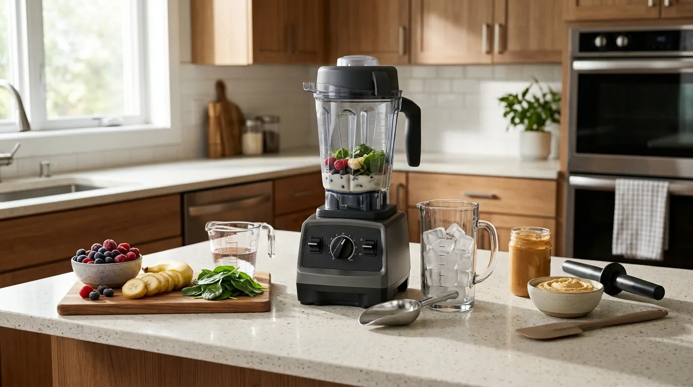 Blender being evaluated with frozen fruit, ice, and a thick blend during practical performance tests
