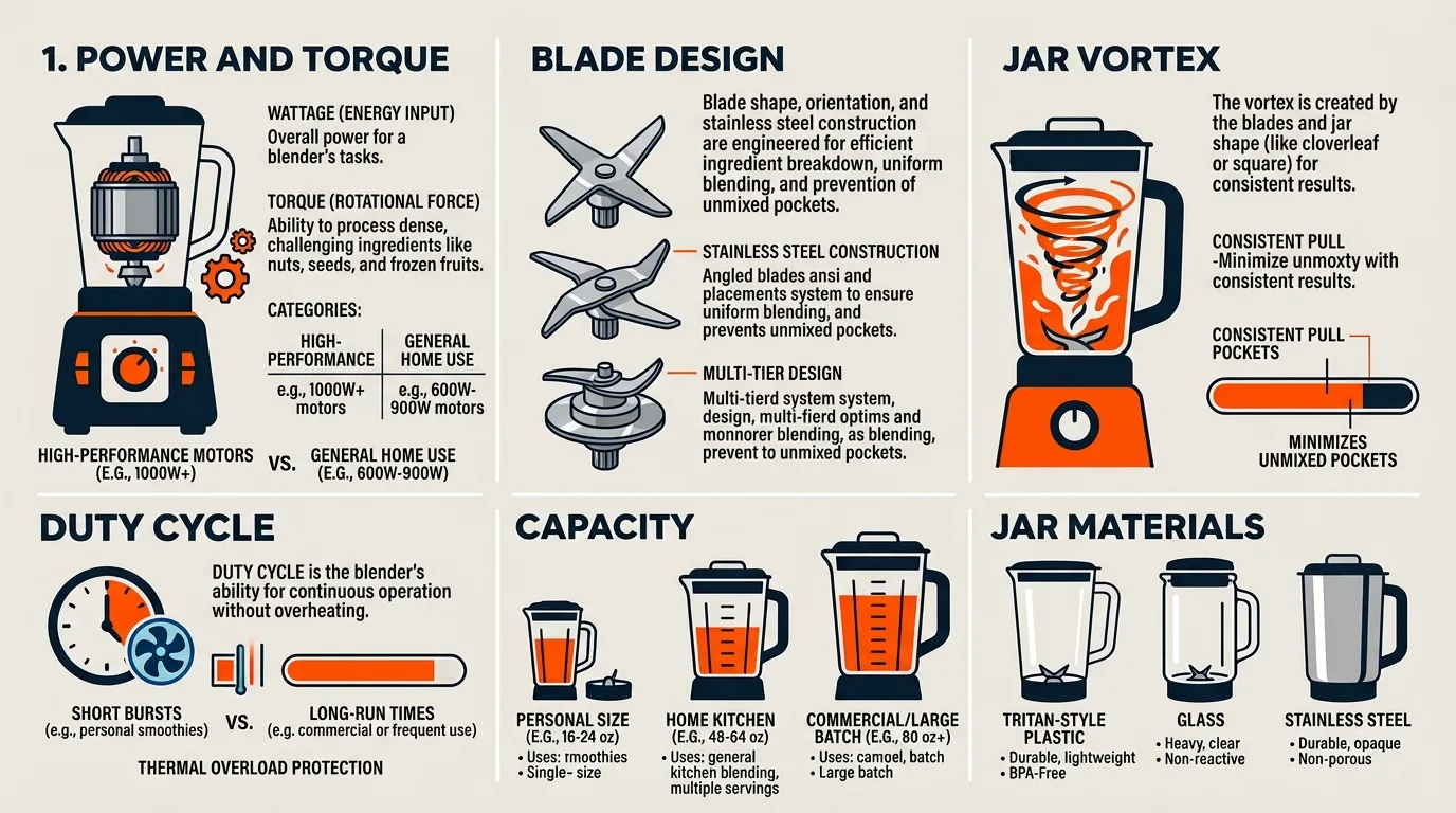 Blender buying guide comparing power, blade design, jar capacity, materials, and blending performance