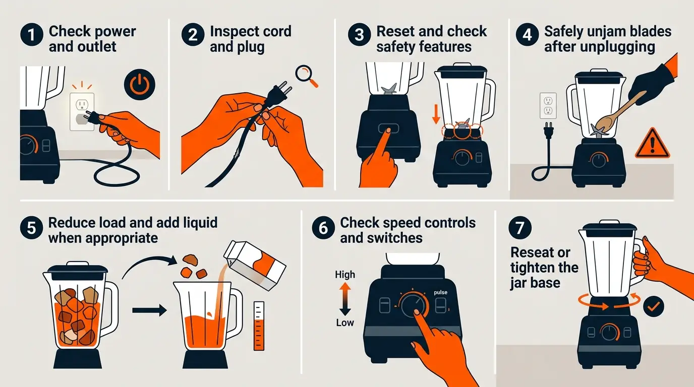 Seven-step blender troubleshooting sequence covering power, cord, reset, blade jam, load, controls, and jar base