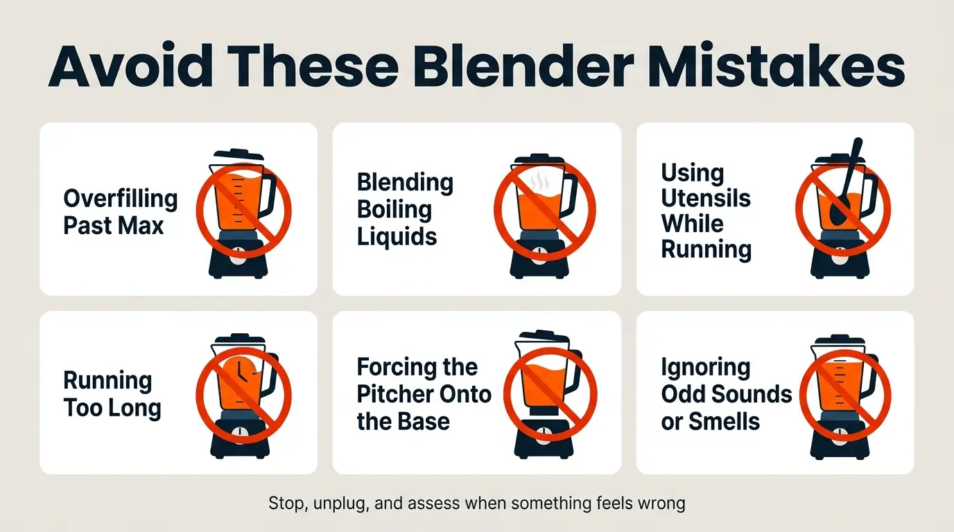 Do-not infographic showing overfilling, boiling liquids, utensils in a running blender, long run times, forced pitcher placement, and ignored warning signs.