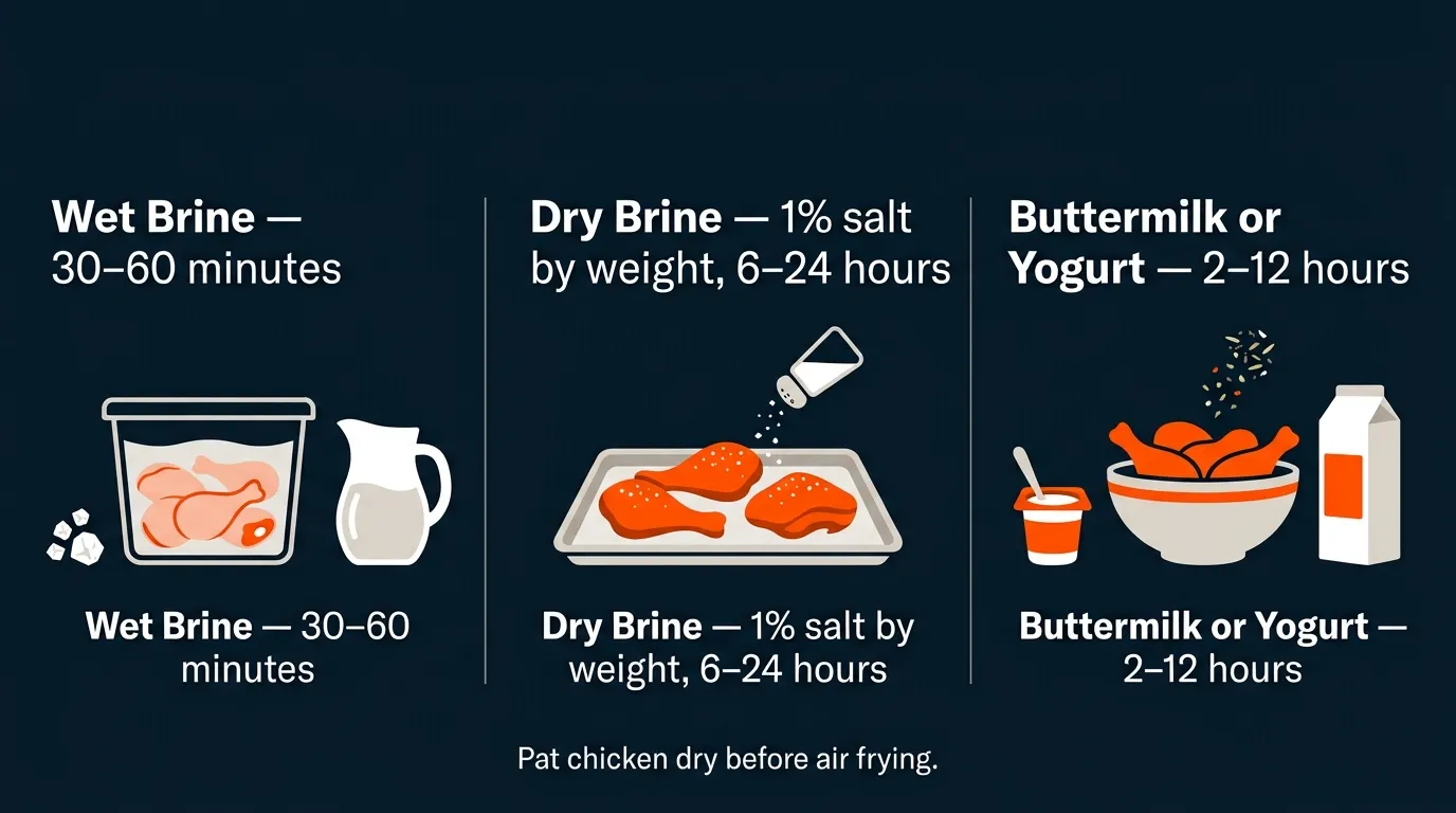 Chicken prepared with wet brine, dry brine, and yogurt marinade before air frying