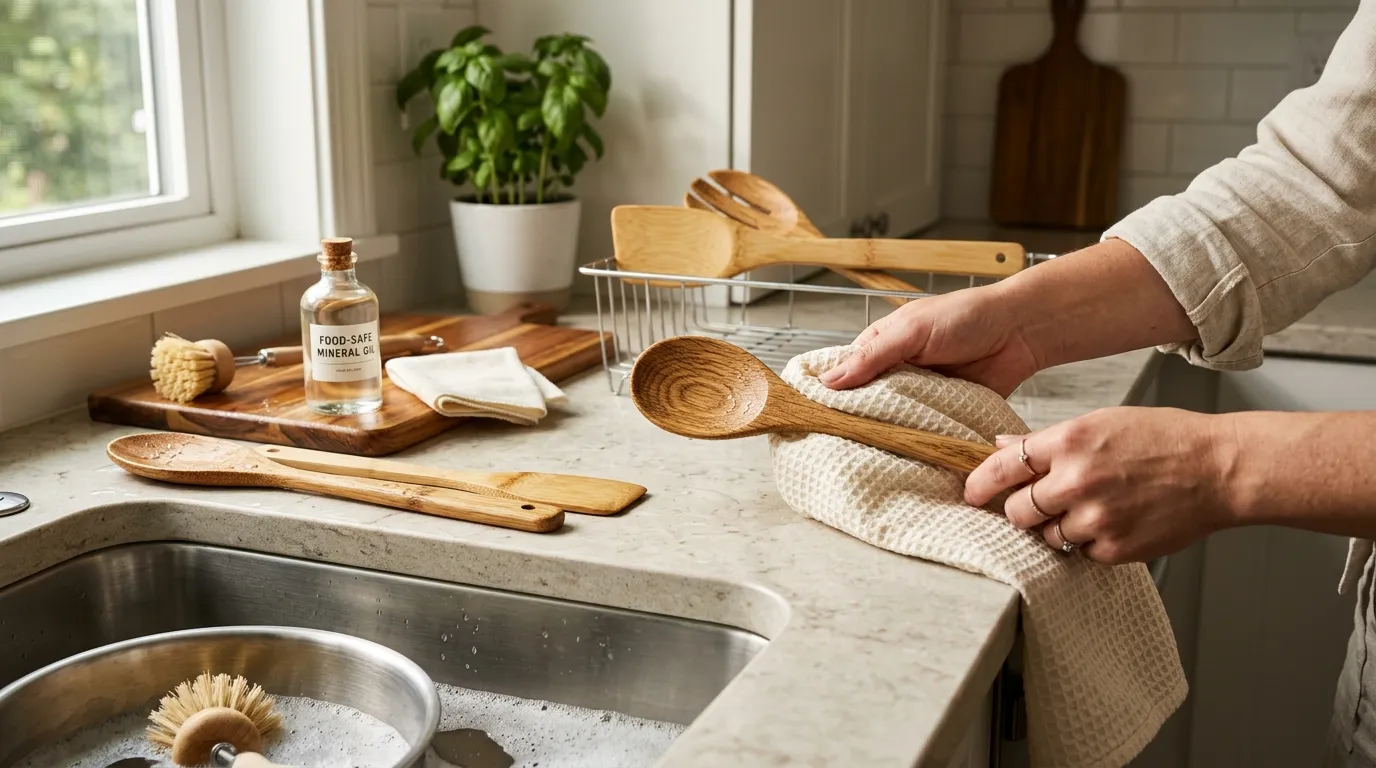 Wooden and bamboo kitchen utensils being washed, dried, and maintained on a clean countertop