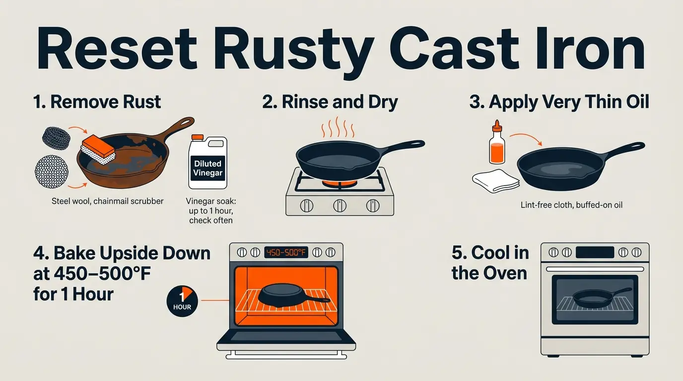 Step-by-step infographic showing how to remove rust, dry cast iron, apply thin oil, bake upside down, and cool the pan.