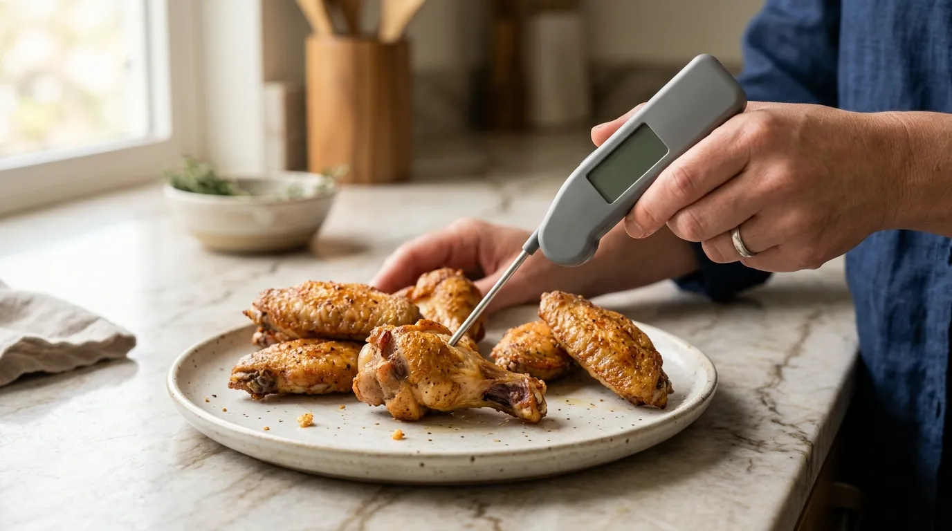 Instant-read thermometer checking the thickest part of an air fried chicken wing near the bone