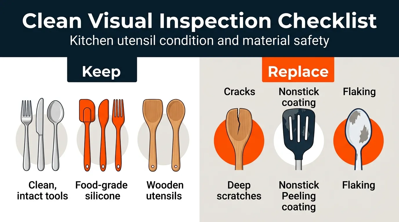 Kitchen utensils inspected for cracks, deep scratches, peeling coatings, and other signs of wear