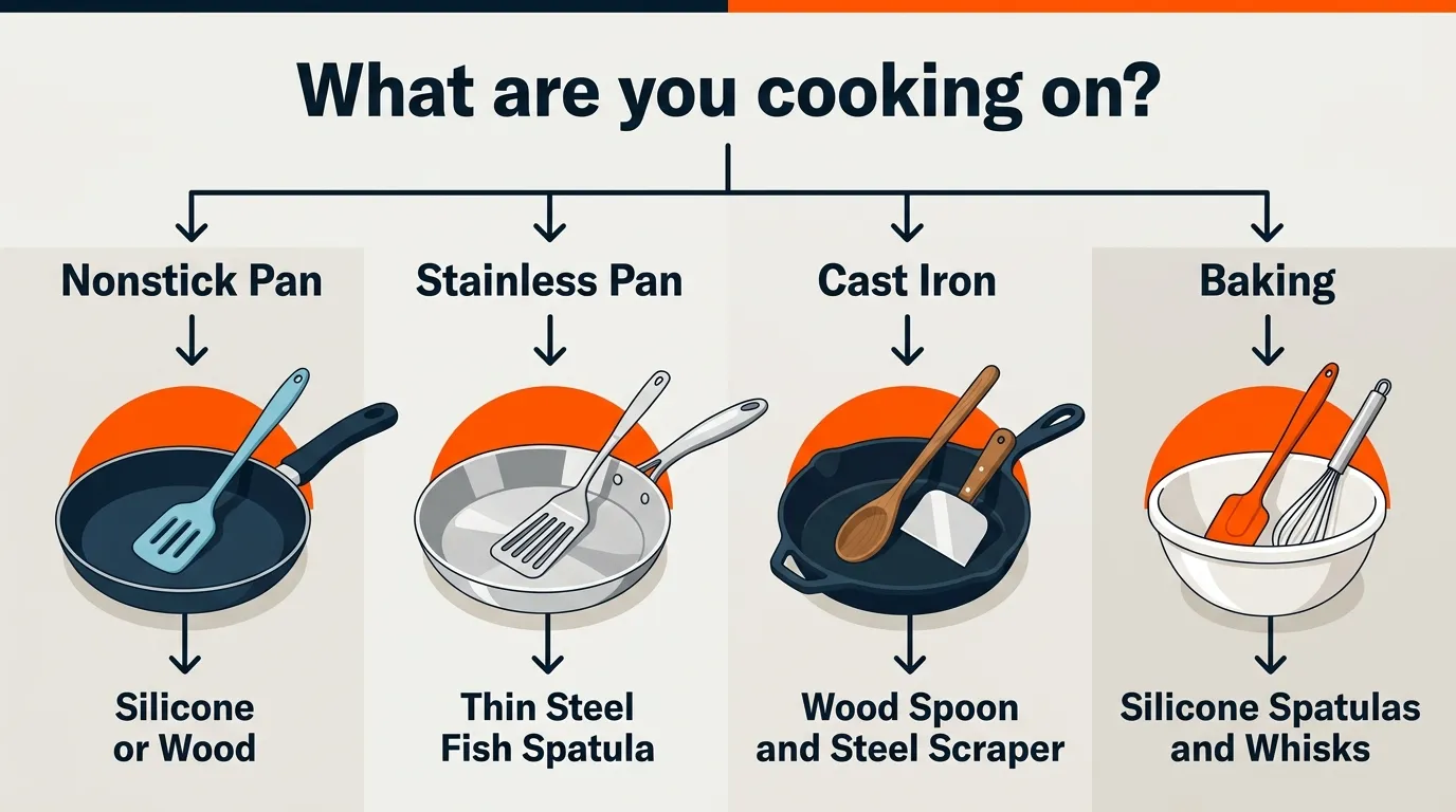 Kitchen utensil material choices matched to nonstick, stainless steel, cast iron, and baking tasks