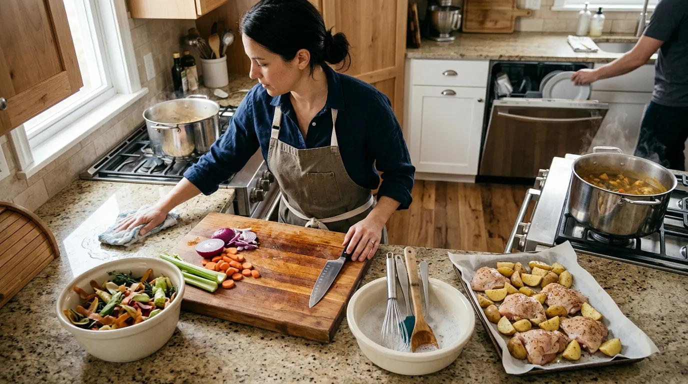 Organized kitchen cleanup during cooking with a scrap bowl, soaking utensils, lined sheet pan, and clear countertop