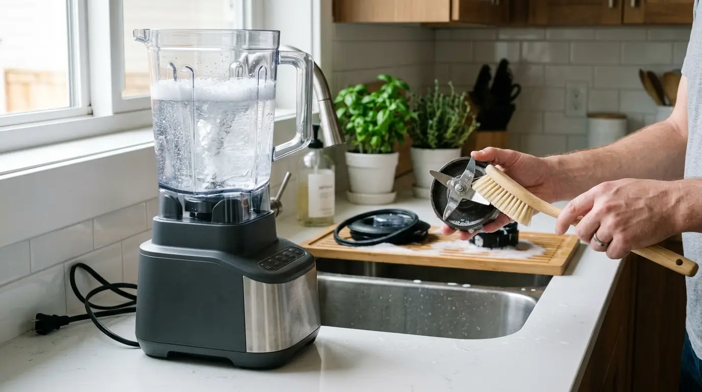 An unplugged blender pitcher being cleaned with warm soapy water while the blade assembly is handled by its base with a brush.