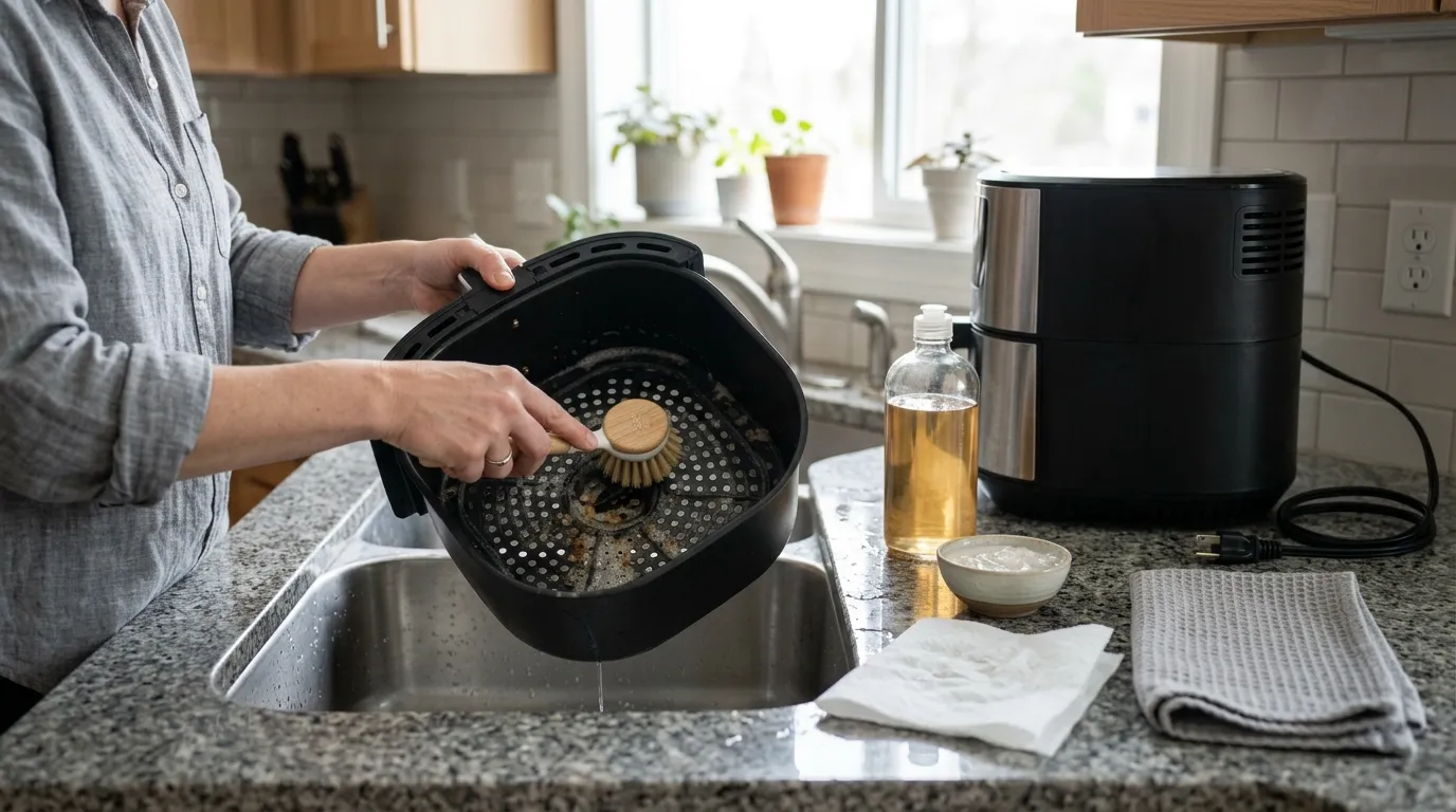 Air fryer basket being cleaned with warm soapy water and a soft brush after cooking shrimp