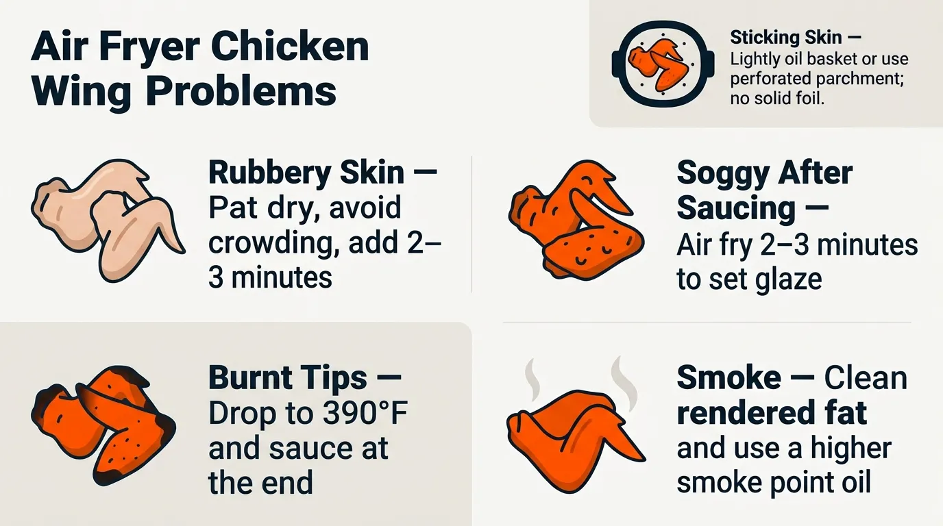 Air fryer chicken wings showing common crisping problems including rubbery skin, burnt tips, soggy glaze, smoke, and sticking
