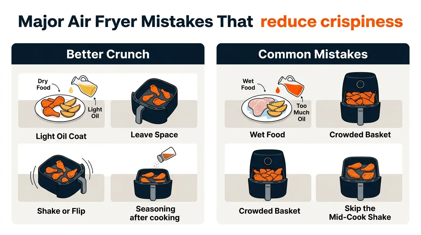 Air fryer basket comparison showing properly dried lightly oiled food versus overcrowded wet food with excessive oil