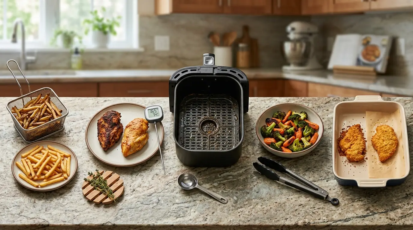 Air fryer troubleshooting setup showing soggy fries, dry chicken, grease smoke, uneven browning, and sticking beside their practical fixes.
