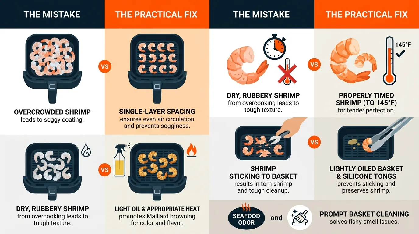 Air fryer shrimp comparison showing overcrowded soggy shrimp versus properly spaced crispy shrimp