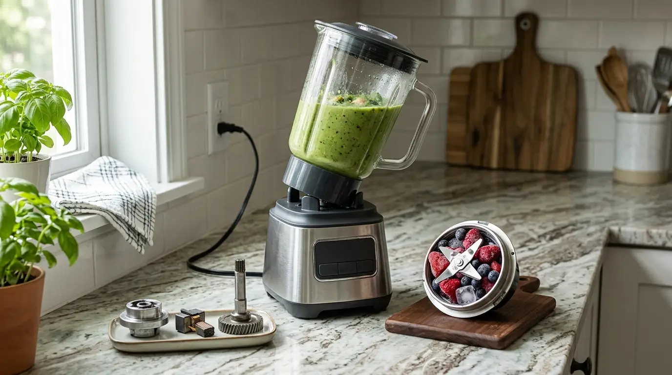 Blender showing common problems including a power issue, jammed blade, incorrect jar alignment, and motor trouble
