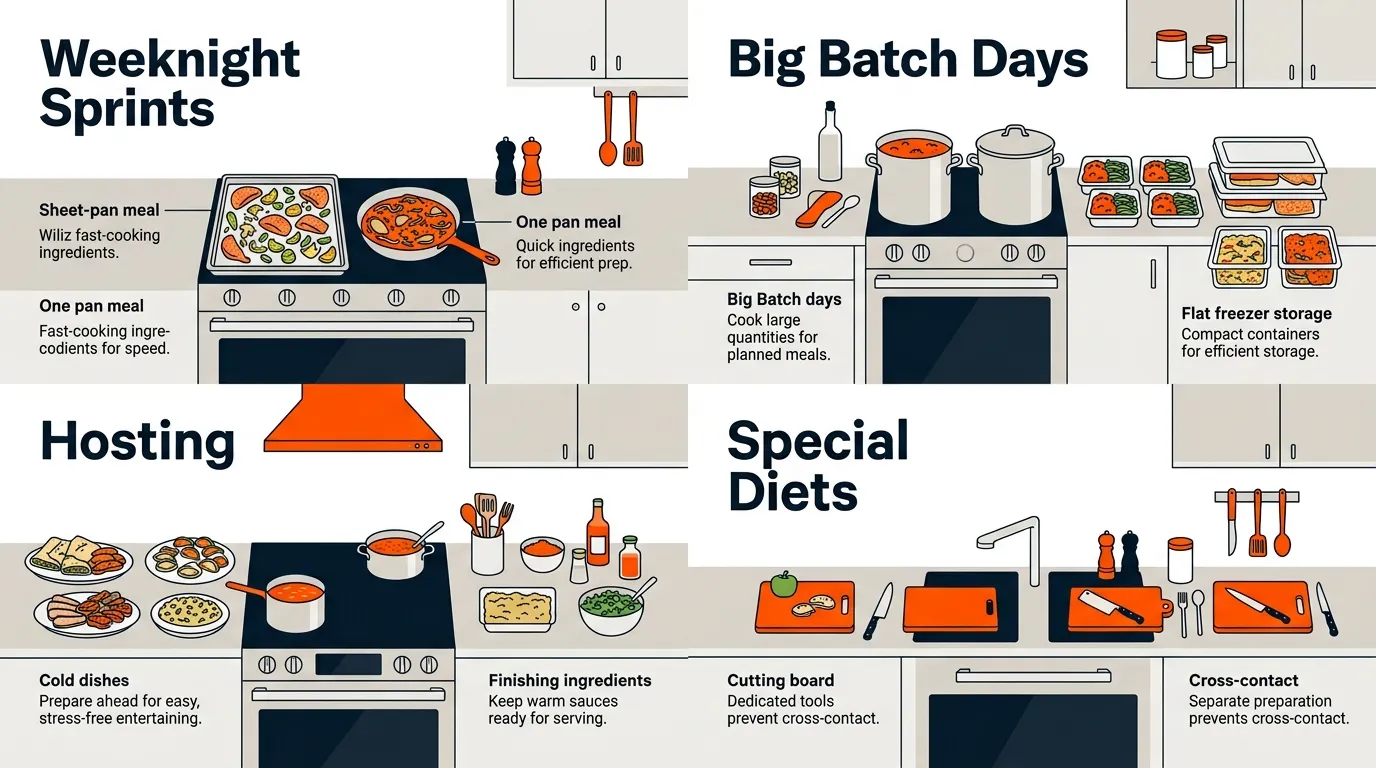 Four kitchen workflow setups for weeknight meals, batch cooking, hosting, and allergen-aware meal preparation