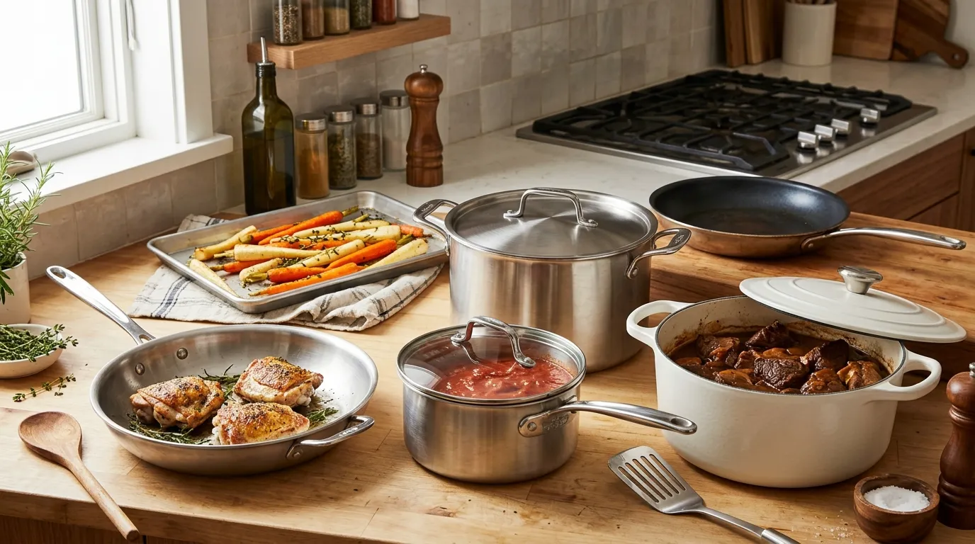 Stainless steel skillet, saucepan, stockpot, sheet pan, Dutch oven, and nonstick skillet arranged as an essential cookware collection