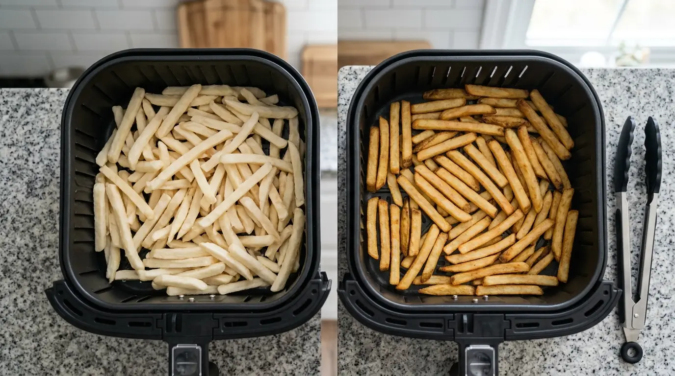 Two air fryer baskets compared side by side, with one overcrowded and the other holding food in a spaced single layer.