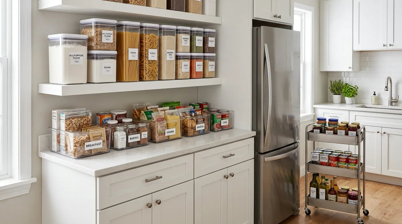 Small apartment kitchen pantry system with labeled clear containers, stackable storage, and a slim rolling cart