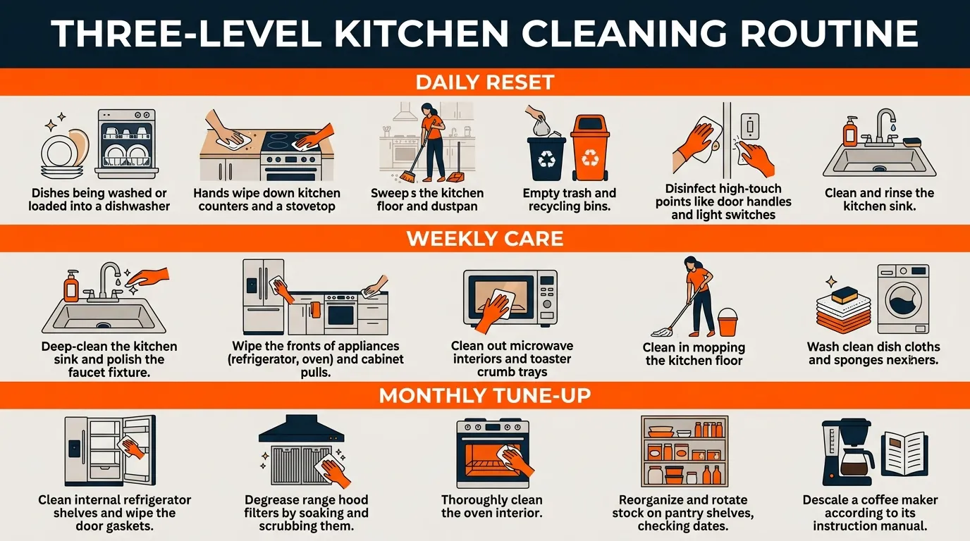 Kitchen cleaning routine organized into daily, weekly, and monthly maintenance tasks