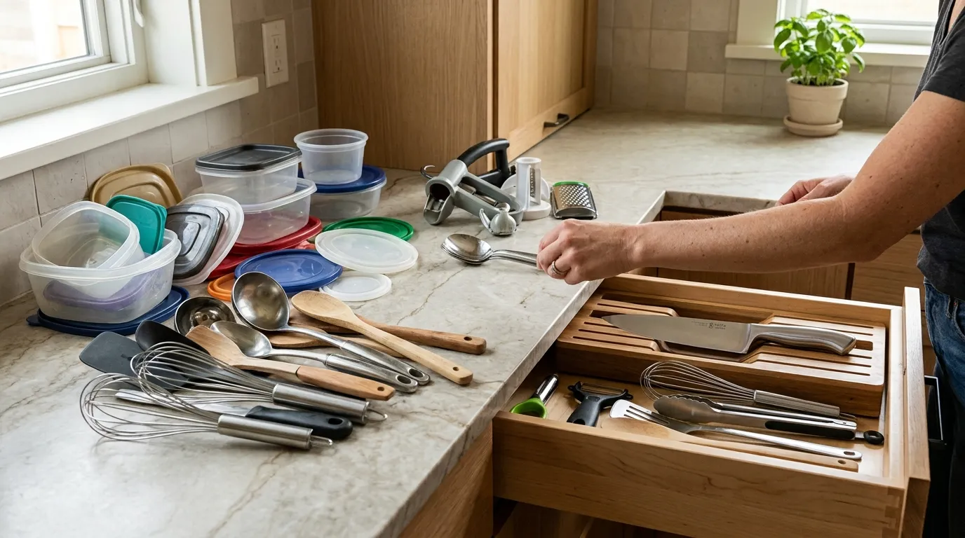 Kitchen drawer and counter being decluttered by removing duplicate tools, broken containers, and unused gadgets