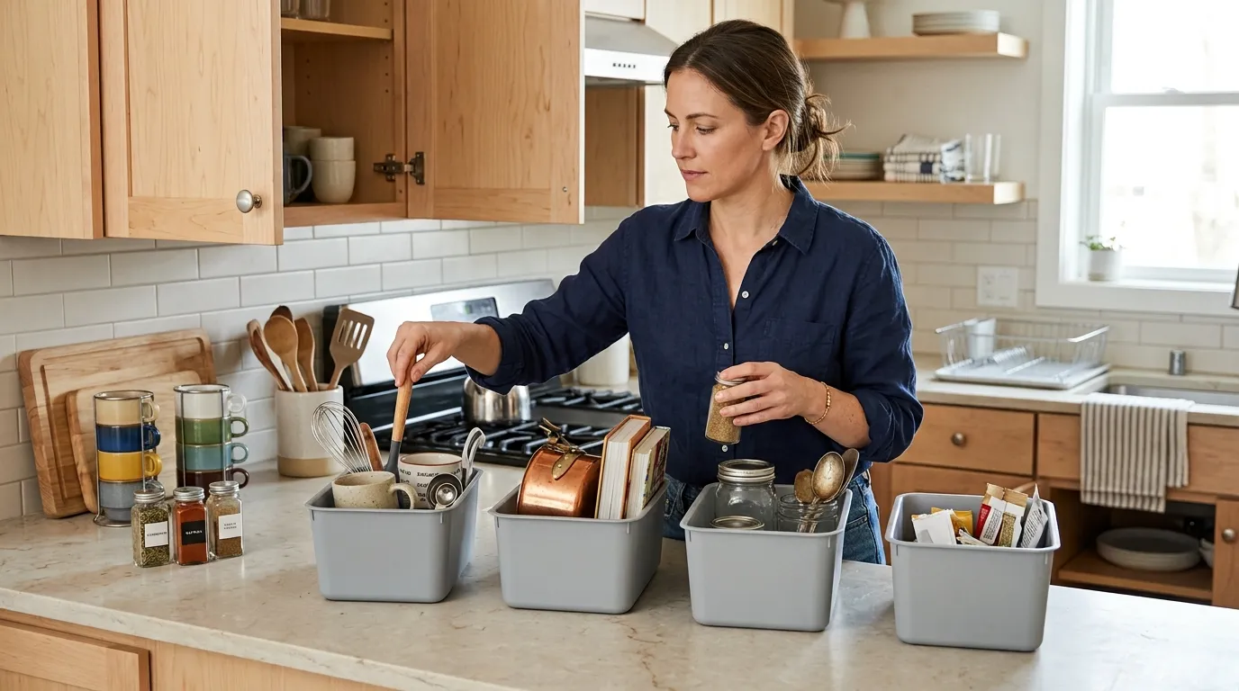 Small kitchen decluttering setup with grouped mugs, pans, spices, and four sorting containers