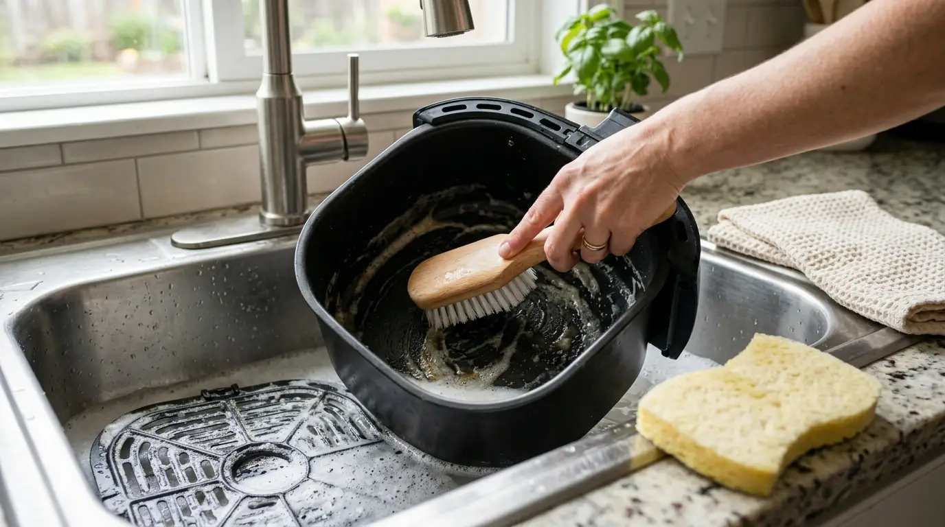 Baking soda paste being scrubbed gently from greasy spots on an air fryer basket and tray with a soft nylon brush.