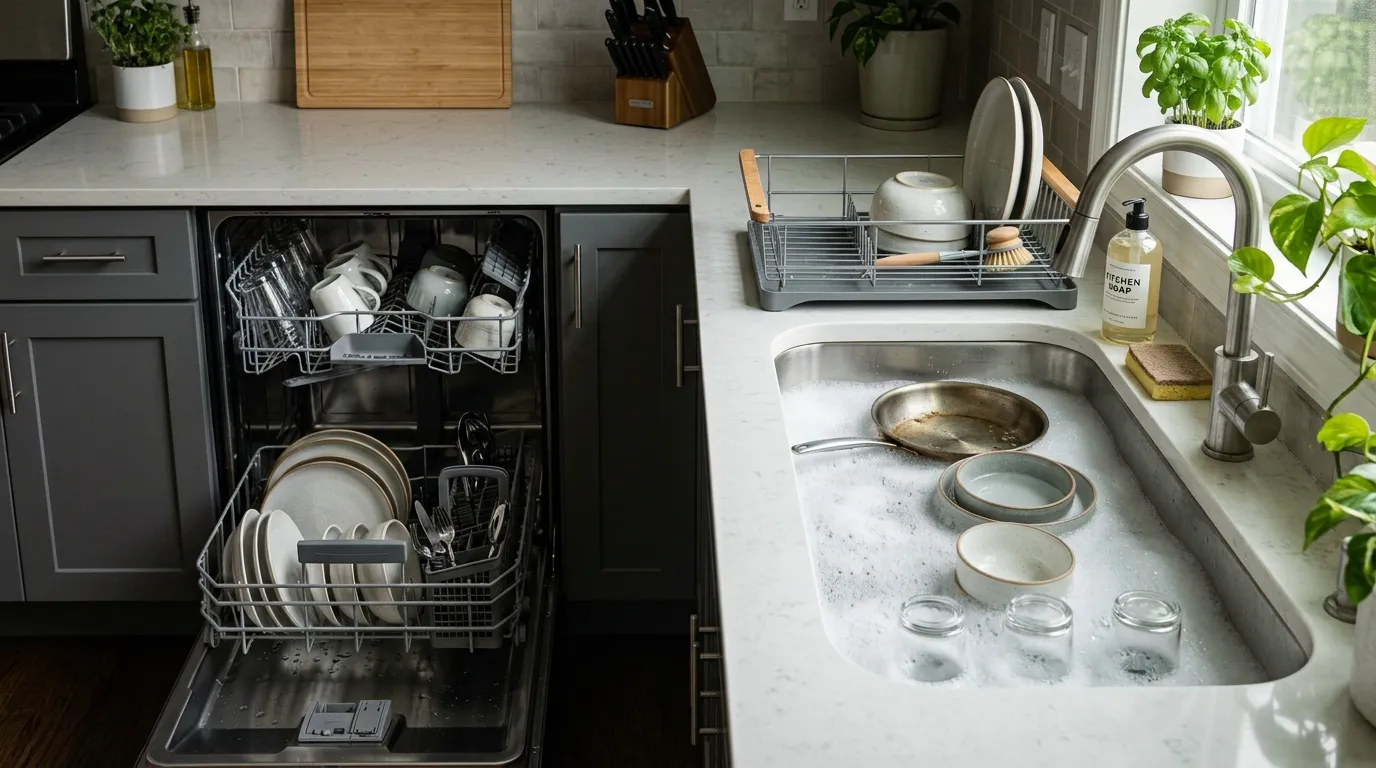 Kitchen cleanup comparison showing organized dishwasher loading beside a hot soapy basin for hand washing dishes