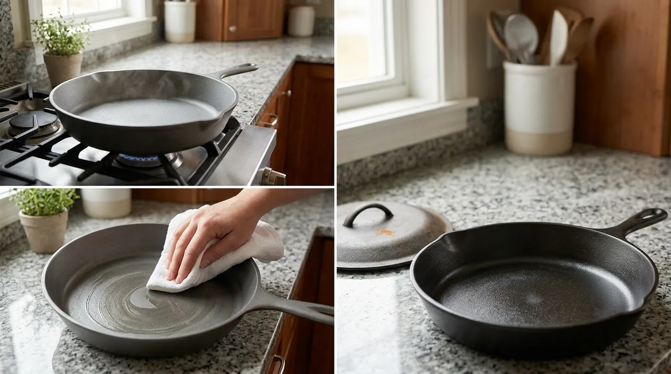 Dry cast iron skillet receiving a thin oil coating after heat drying to prevent rust