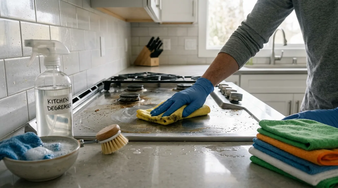 Microfiber cloth and cleaning brush removing grease and food residue from a kitchen surface