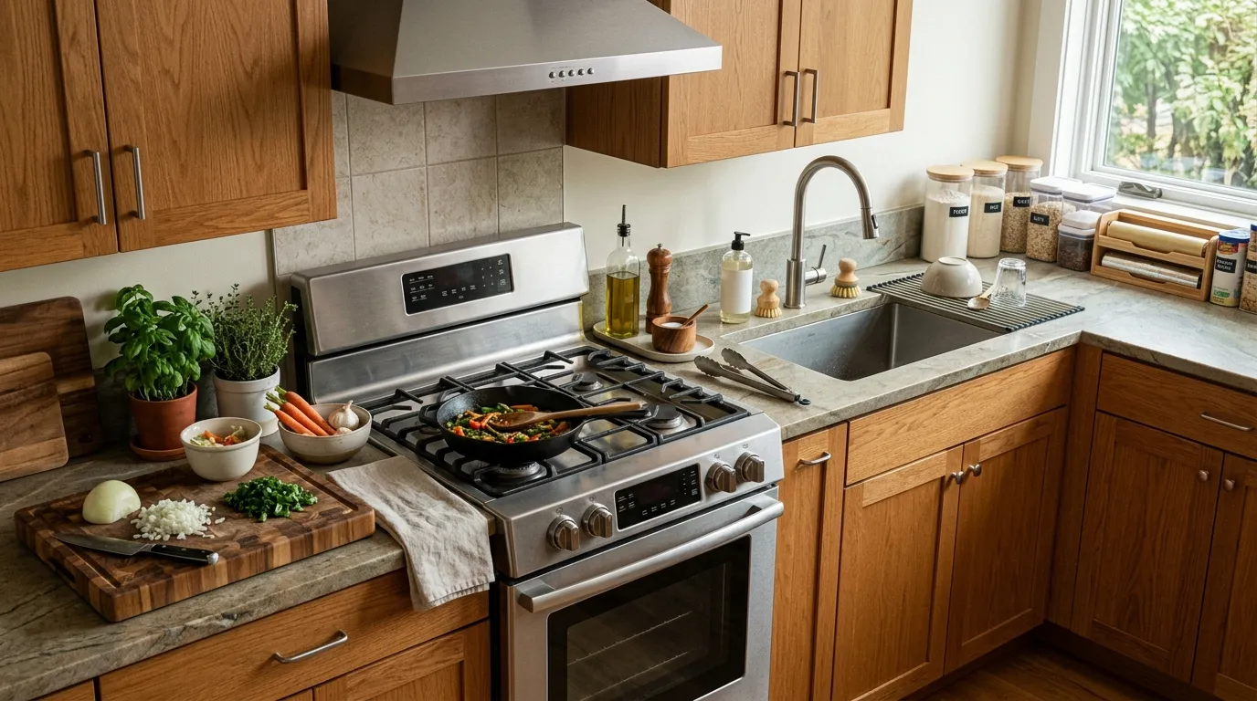 Beginner kitchen workflow showing cutting, cooking, cleaning, and storage areas arranged for easy movement
