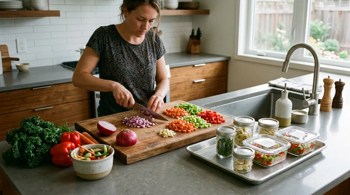 Kitchen prep station arranged with cutting board, ingredients, scrap bowl, storage containers, and sheet pan for efficient meal preparation