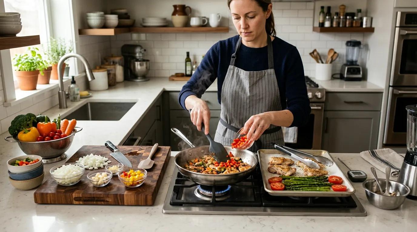 Organized cooking station with ingredients, utensils, cookware, and appliances arranged for an efficient workflow