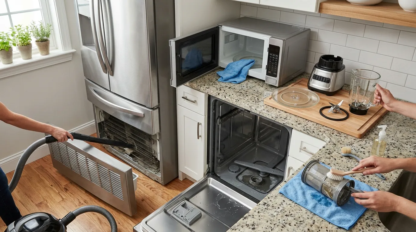 Kitchen appliance maintenance tasks including refrigerator coil cleaning, dishwasher filter care, microwave cleaning, and blender blade maintenance