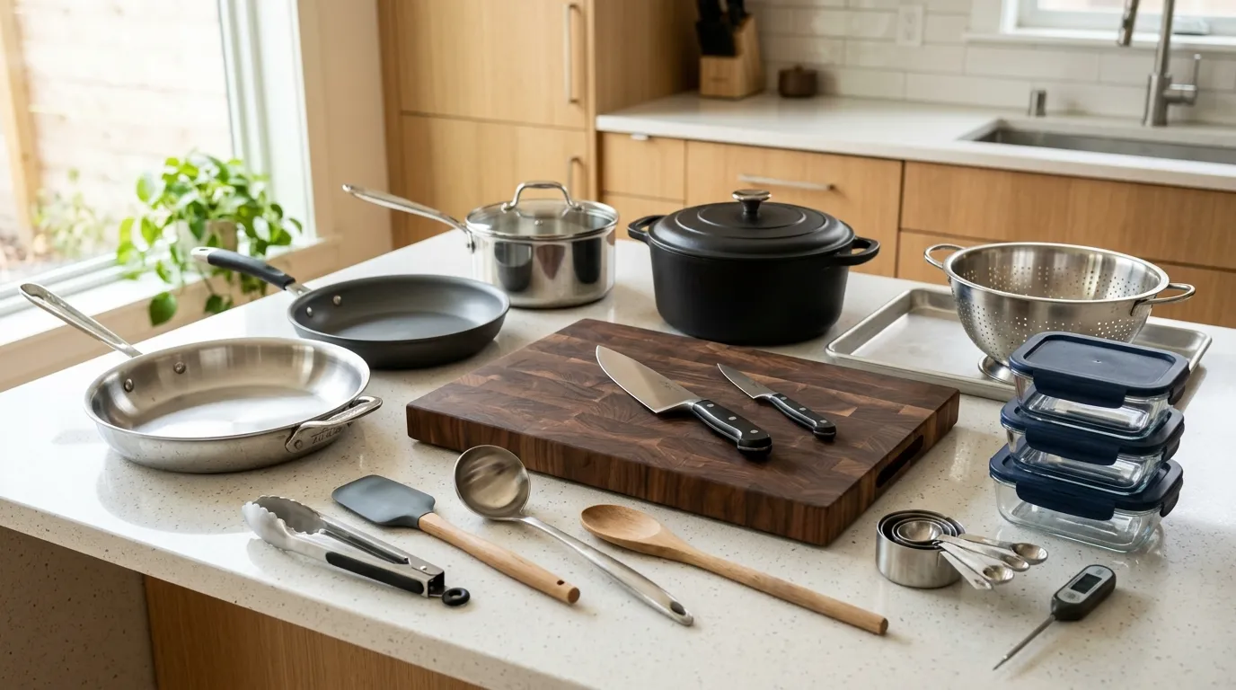 Essential beginner kitchen tools including chef’s knife, cutting board, skillets, saucepan, pot, sheet pan, and utensils
