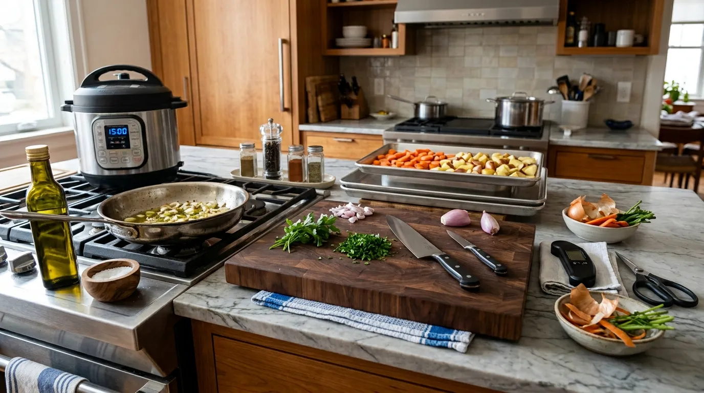 Organized kitchen workstation with chef’s knife, cutting board, sheet pans, skillet, pressure cooker, thermometer, and kitchen shears