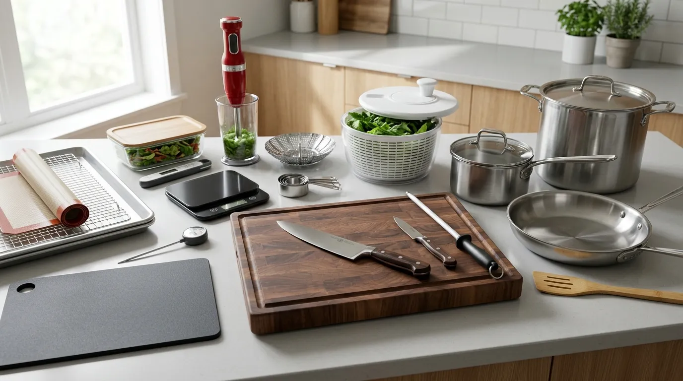 Essential healthy cooking tools including chef’s knife, cutting boards, skillet, sheet pan, thermometer, blender, and storage containers