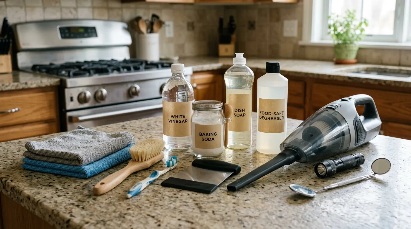 Kitchen appliance maintenance tools including microfiber cloths, soft brushes, scraper, vinegar, baking soda, and vacuum crevice tool