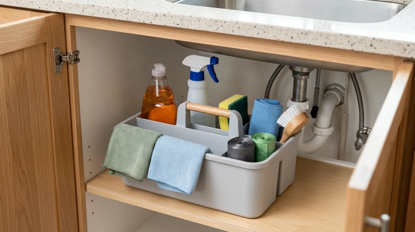 Microfiber cloths, scrub sponge, dish soap, small brush, and cleaning caddy organized under a kitchen sink