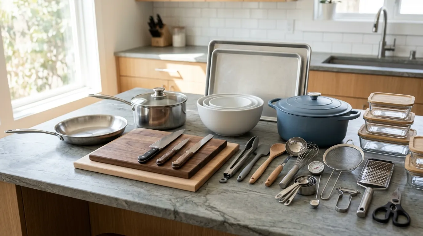 Minimalist kitchen essentials including chef’s knife, cutting boards, skillet, saucepan, Dutch oven, and basic utensils