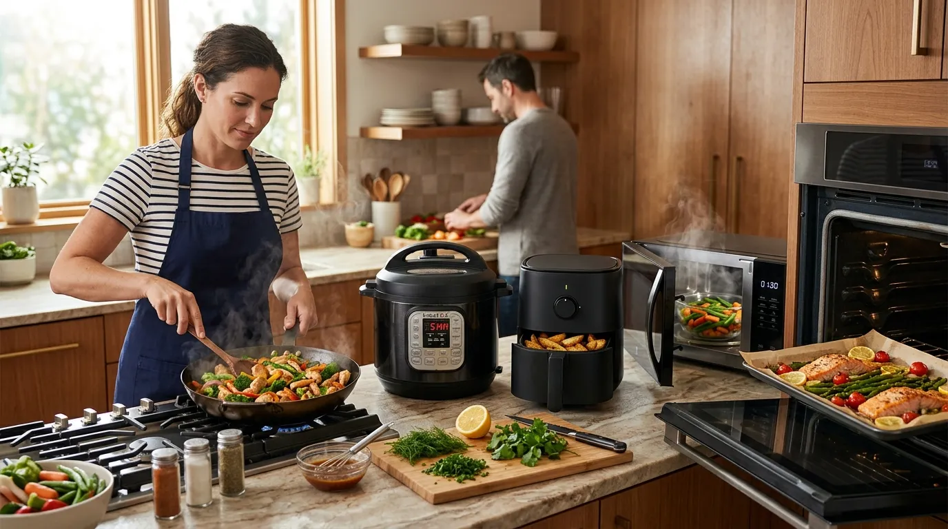 Quick weeknight cooking setup with a sheet pan, skillet, pressure cooker, air fryer, and microwave preparing simple foods