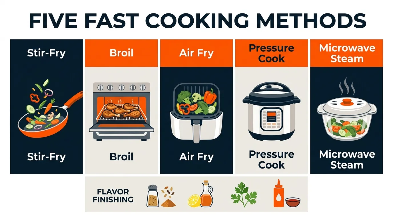 Quick cooking setup featuring stir-fried vegetables, air-fried food, and prepared sauces for fast meals