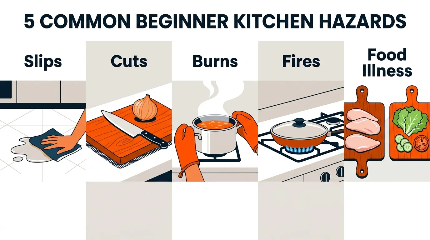 Kitchen safety scene illustrating wet floors, unsafe knife handling, hot cookware, stove fire risks, and raw food contamination hazards