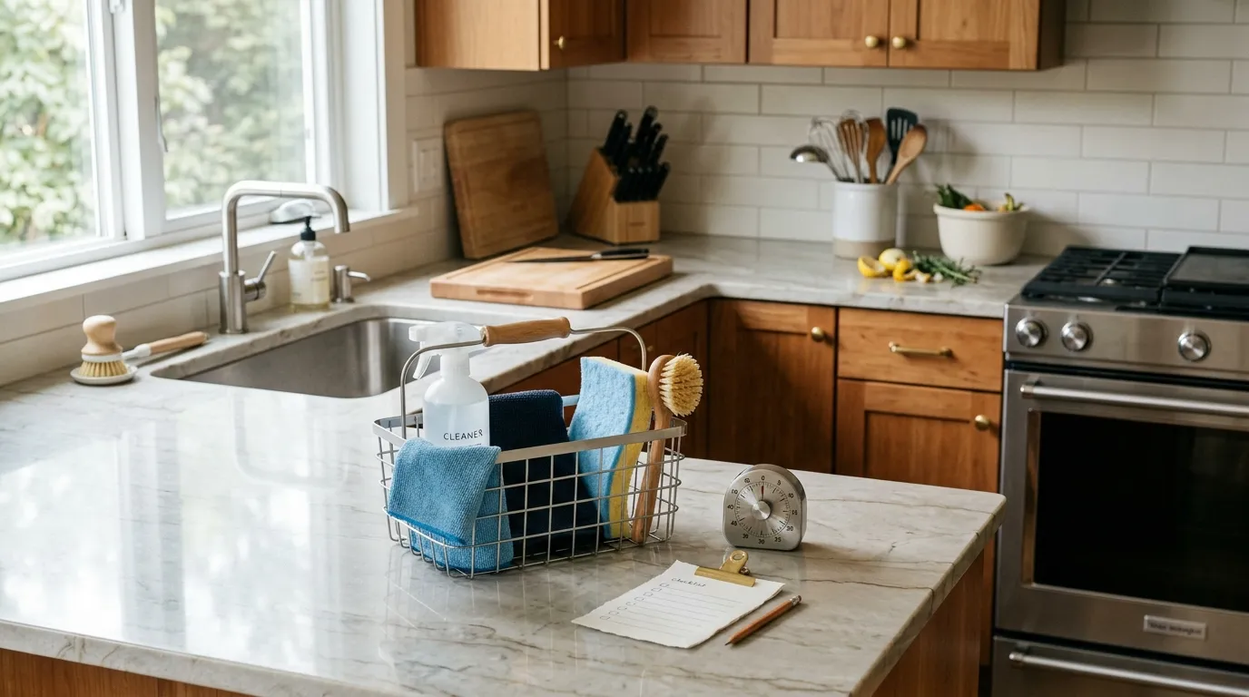 Organized kitchen cleaning caddy, timer, microfiber cloths, and checklist prepared for a quick daily reset