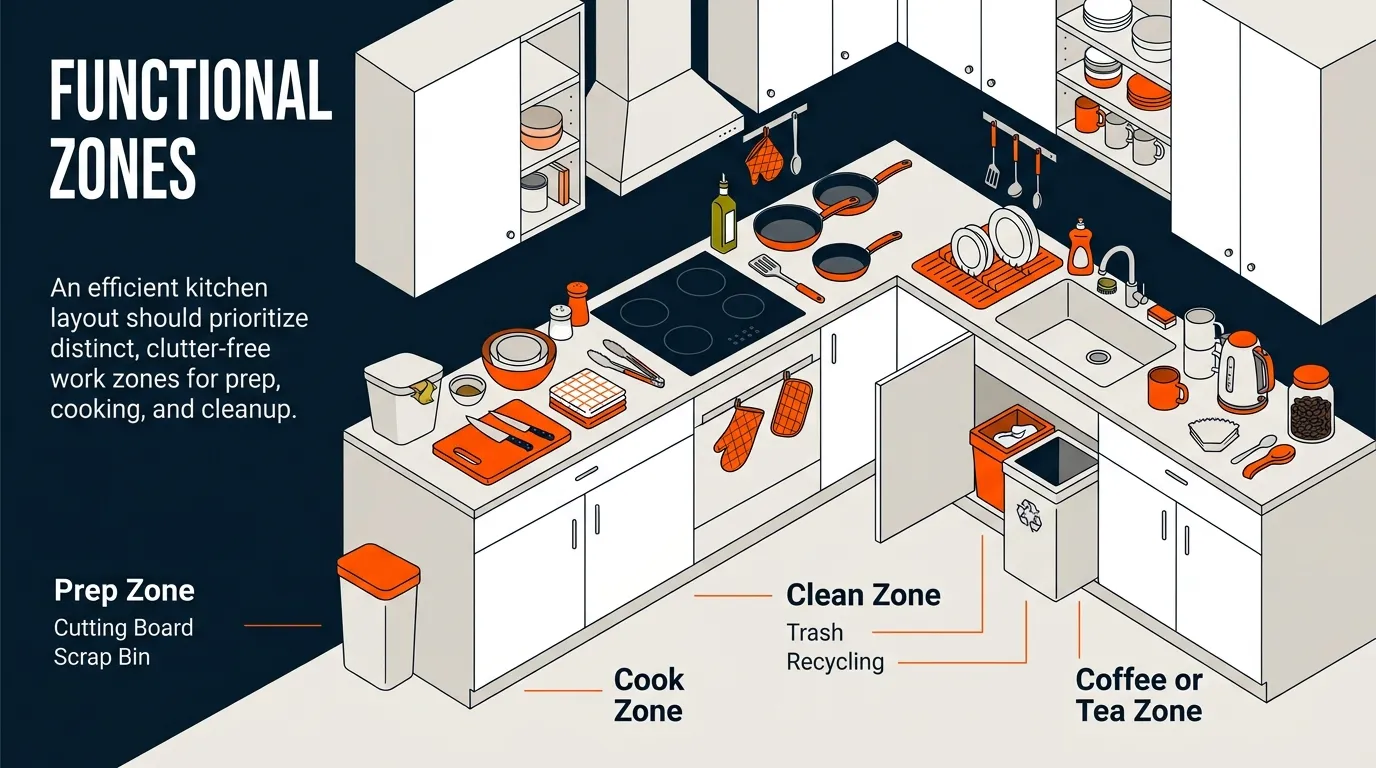 Minimalist kitchen organized into prep, cook, clean, and coffee zones with tools stored near their point of use